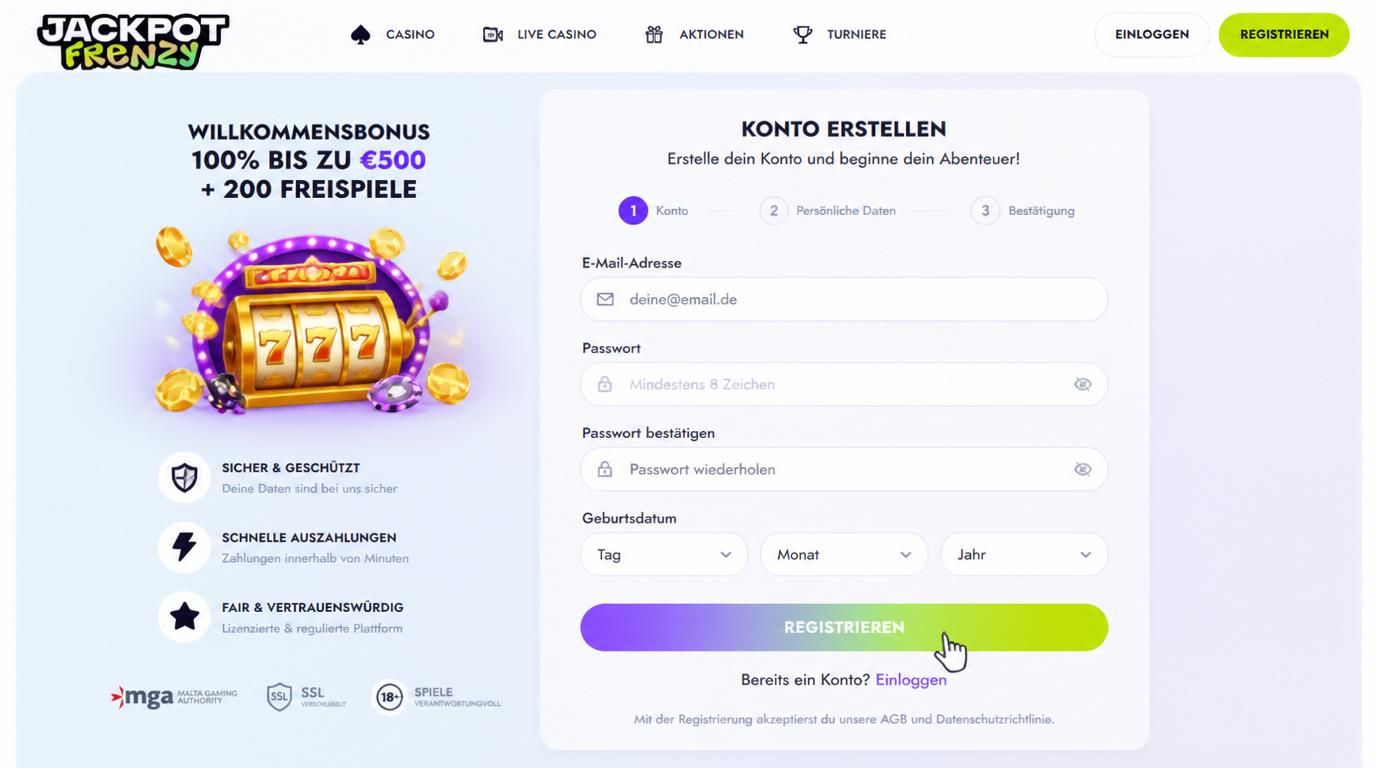 Formular zur Kontoerstellung mit klaren Eingabefeldern und einem großen “Registrieren” Button
