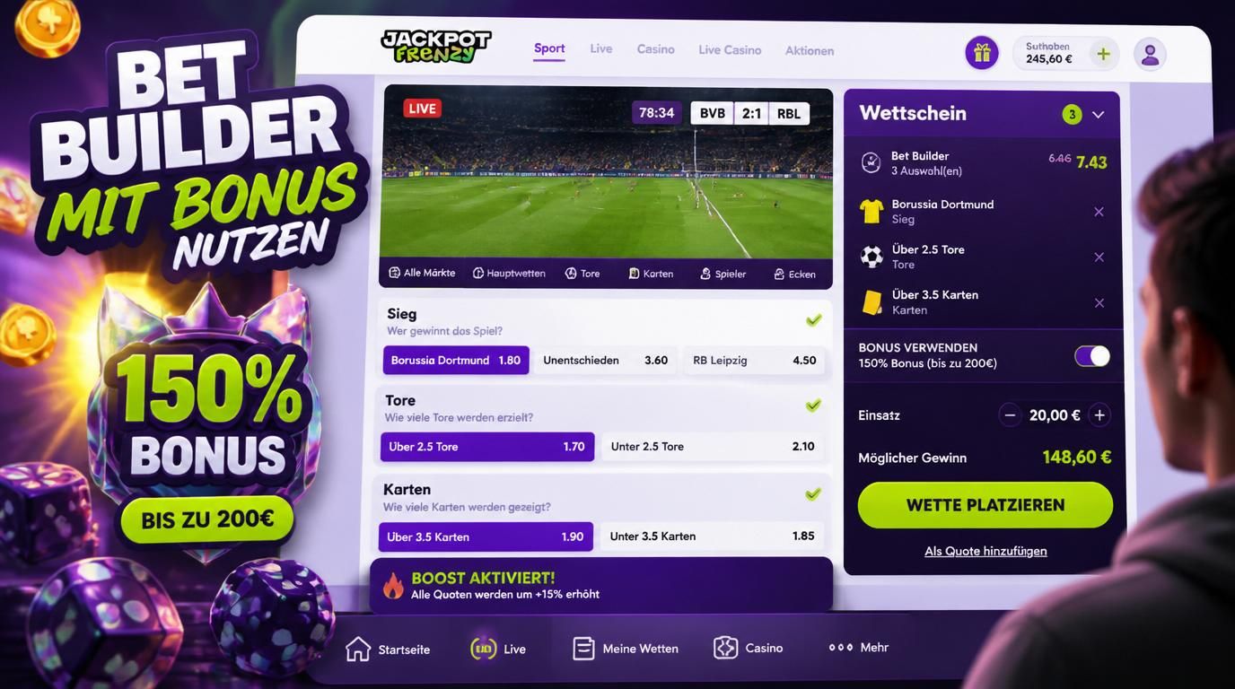Benutzeroberfläche mit Kombiwette, Bonusanzeige und Live-Spiel