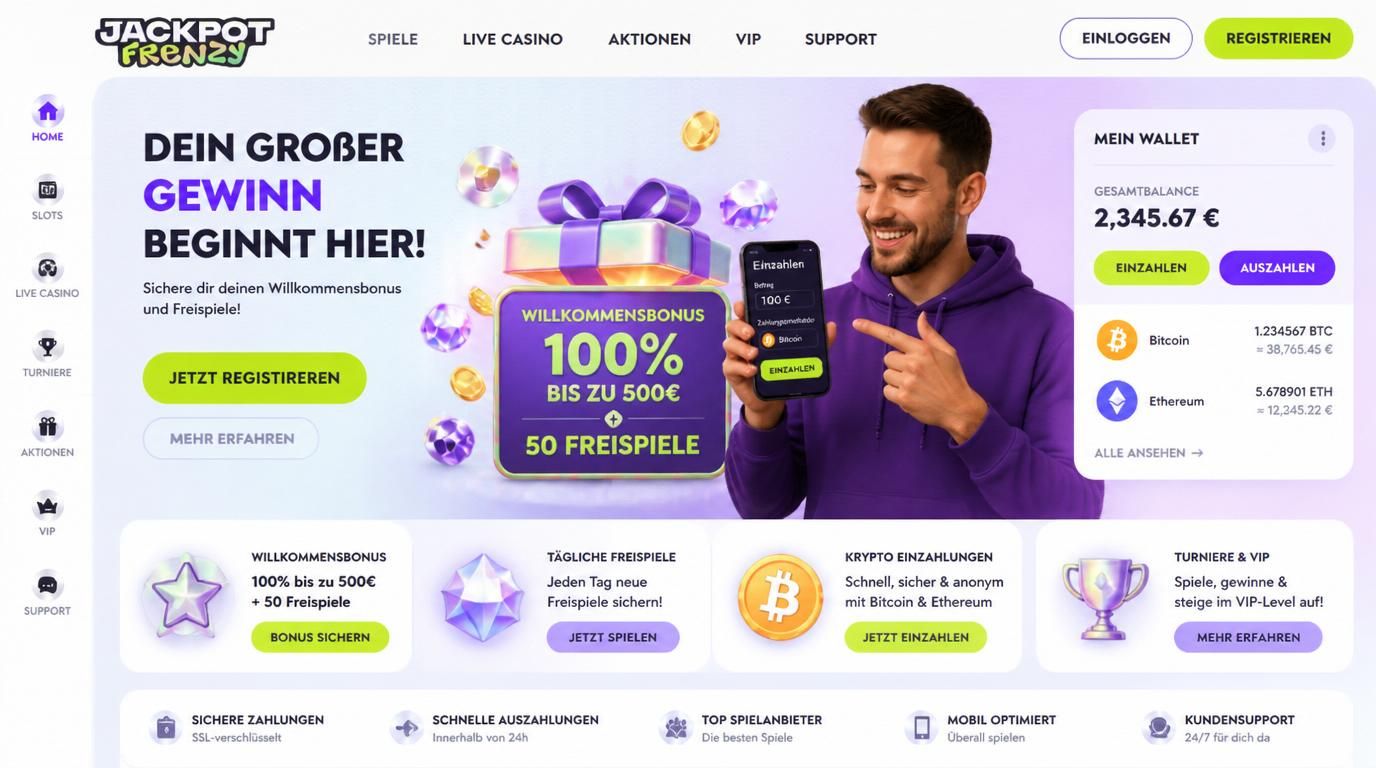 Bild zeigt ein Willkommensbonus-Angebot mit Krypto-Zahlung und Freispiele