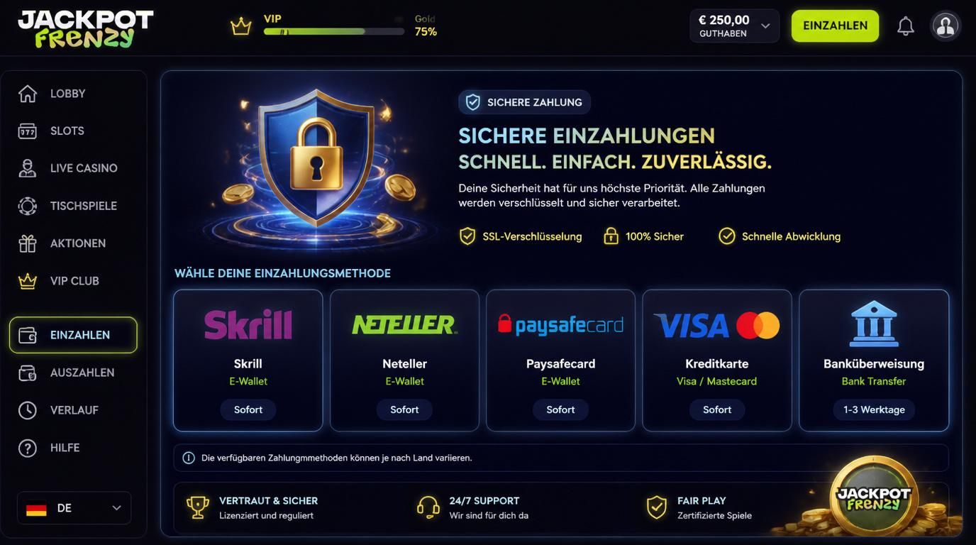 Ein Interface mit E-Wallets, Karten und Banküberweisung als sichere Zahlungsmethoden, deutsch beschriftet.