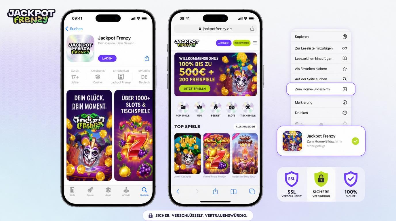 Screenshot eines iPhones mit App-Store und Safari Home-Bildschirm Option, dazu SSL Schloss Symbole