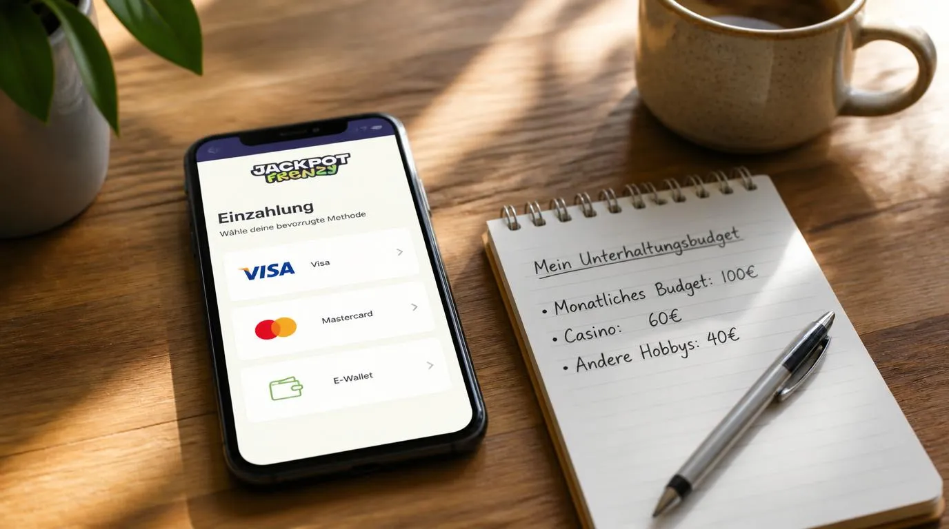 Smartphone mit VISA, Mastercard und E-Wallet als Einzahlungsmethoden neben einem notierten Freizeitbudget