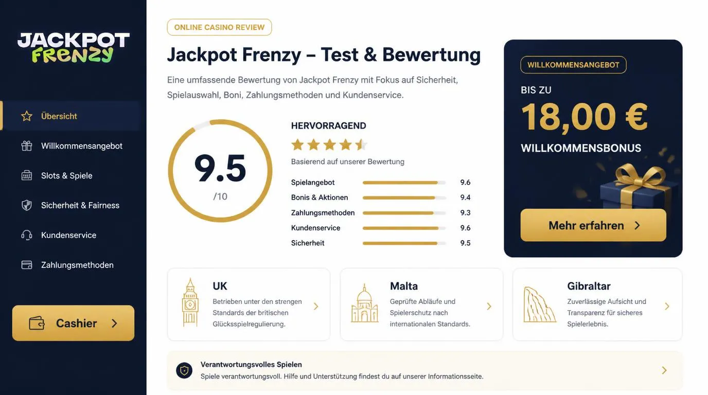Casino-Bewertung mit 9,5 von 10 Punkten neben Hinweisen auf internationale Lizenzen und ein Willkommensangebot