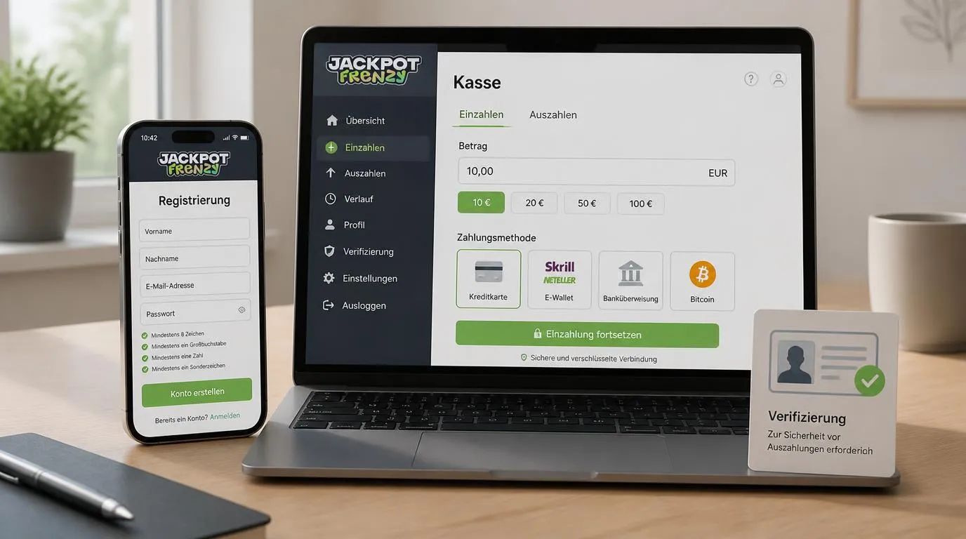 Smartphone mit Registrierungsformular neben einer Kassenansicht für die erste Einzahlung